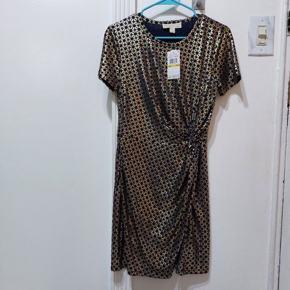 MICHAEL KORS Women's Metallic Chain-Print Knot Mini Dress SIZE MEDIUM - Picture 2 of 13